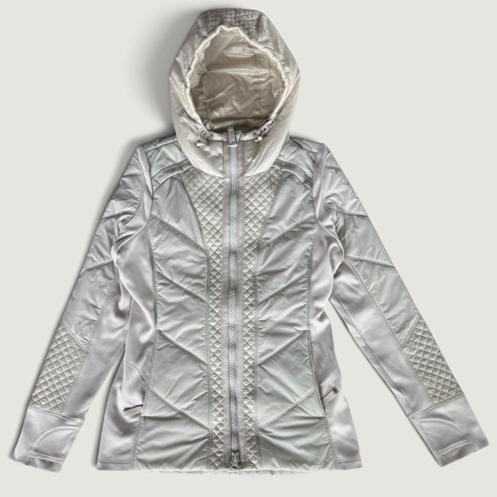Athleta Women Cream Quilted Hybrid Hooded Jacket Small Primaloft Full Zip